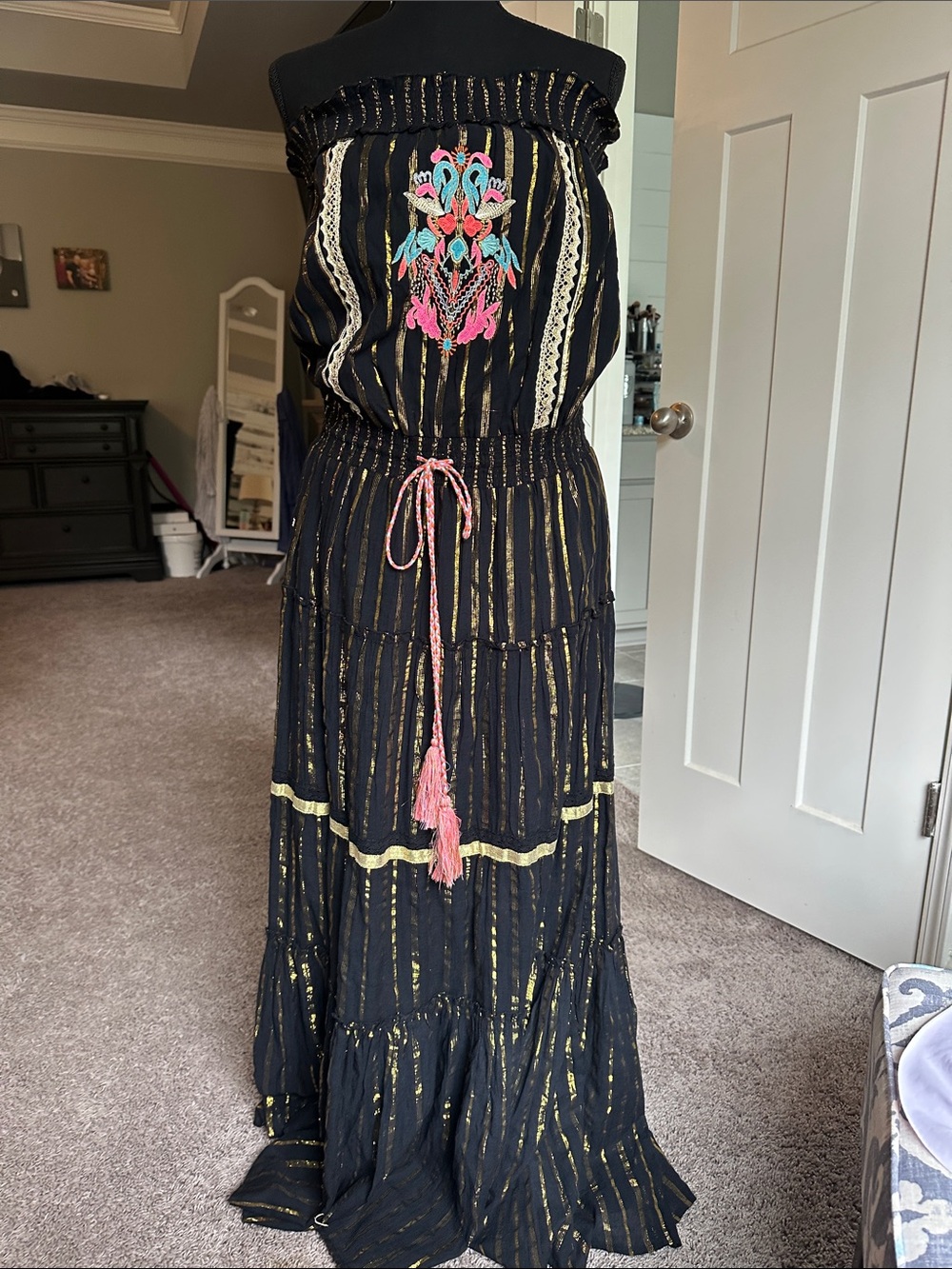 Venus Strapless Black Maxi Dress with Embroidered Front